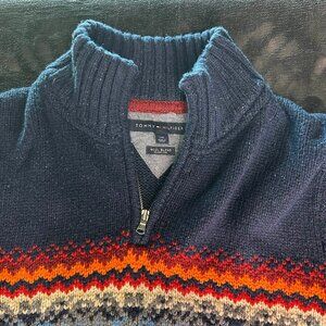 Tommy Hilfiger Wool Blend 1/4 Zip Sweater L Fair Isle Navy Beige Pattern